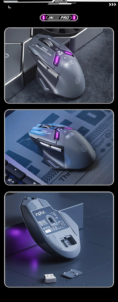 Mouse da gaming wireless Inphic IN9PRO 26000DPI 8K Polling Rate Bluetooth 5.0 cablato 2.4G tri-mode RGB ergonomico