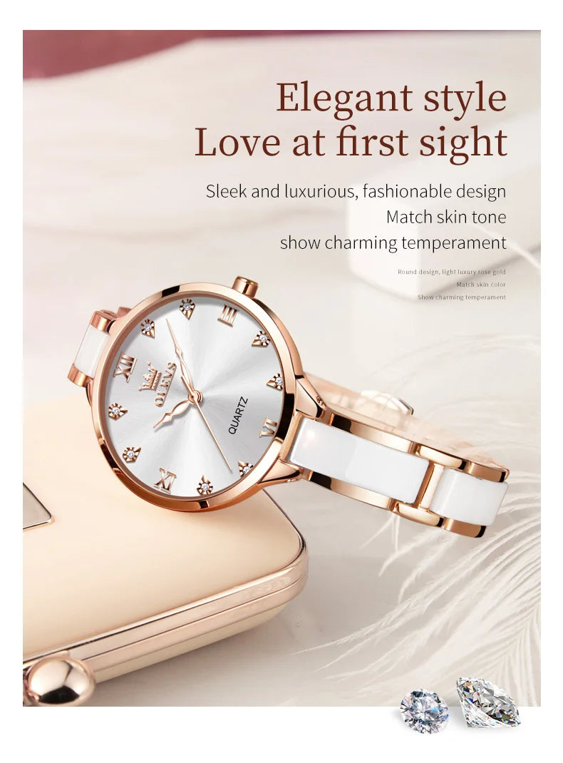 OLEVS 5872 Luxury Women's Watches Elegant Fashion Ceramic strip Waterproof Japan Imports Quartz Watch Dress Lady Watch Simple