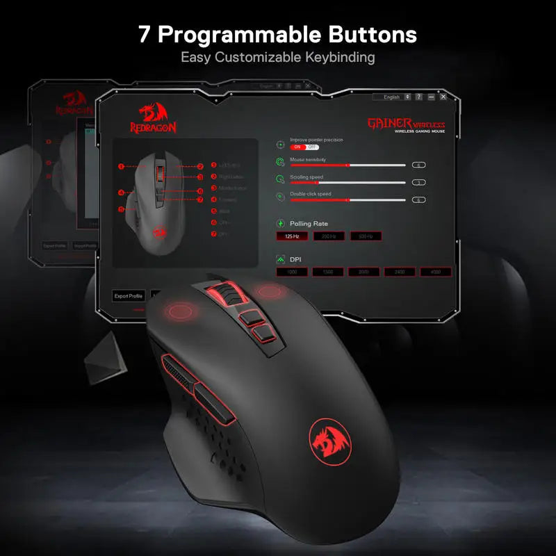 Rato Gaming Sem Fios Redragon M656 Gainer, 4000 DPI 2.4Ghz, Rato Gamer Sem Fios com 5 níveis de DPI, 7 botões macro, retroiluminação LED vermelha