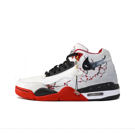 Custom Sneakers Nike Flight Legacy Plum Blossom in Snow Chinese Style Retro Mid Top Basketball Shoes with Pendant For Men