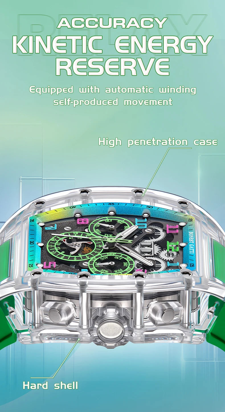 BONEST GATTI Automatic Watch Tonneau Mechanical Wristwatch K9 Crystal Case Rubber Strap Multi Dial Watches For Men