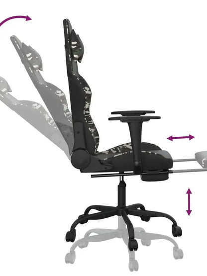 Gaming Chair with Footrest Black and Camouflage 66X56X120.5-131 cm in Imitation Leather, Reclining 360° Swivel Can Carry 110 kg