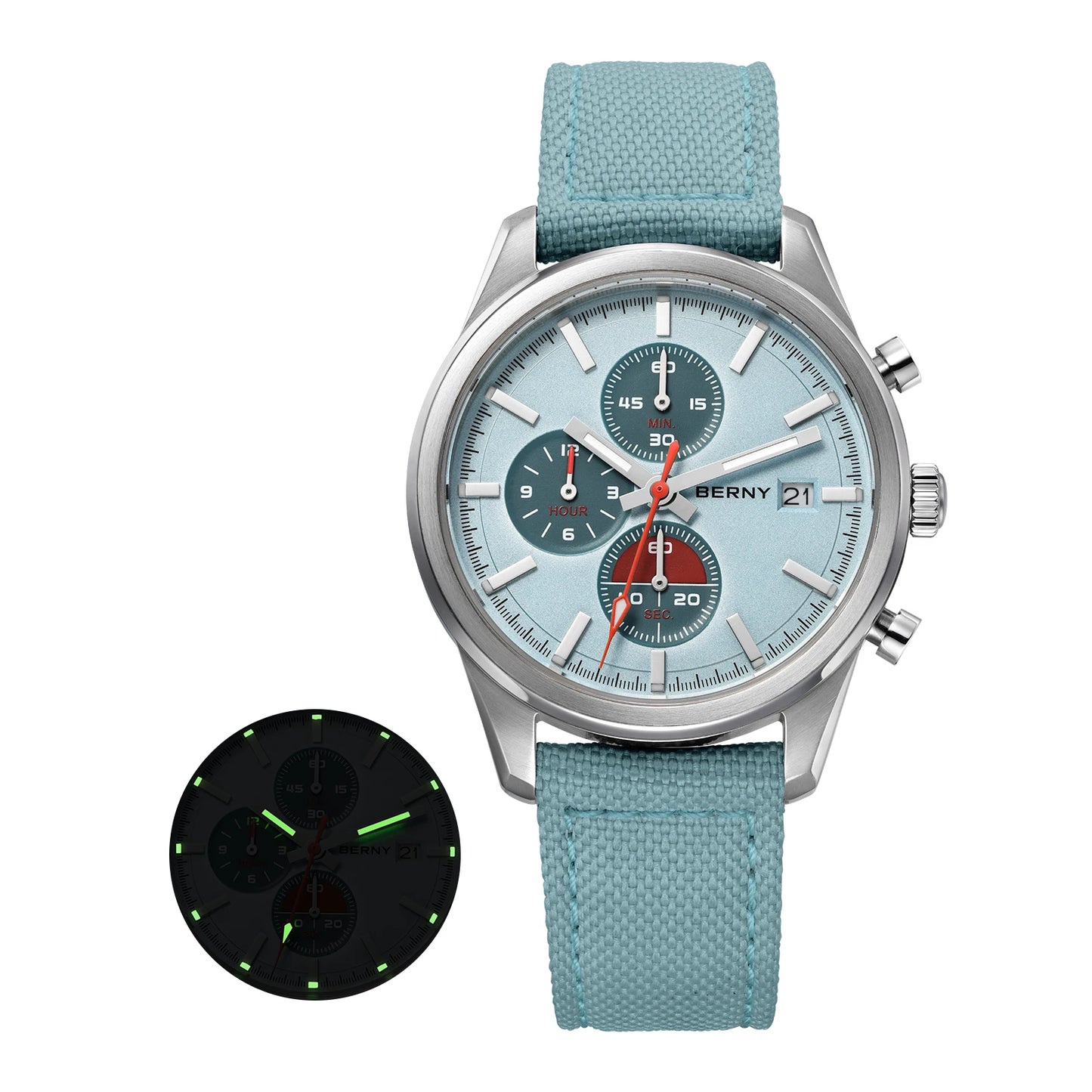 BERNY Chronograph Watch for Men/Women 37mm Dial Woven Fabric Sapphire AR Coated 5ATM Fashion Sport Calendar 316L Couple Watch