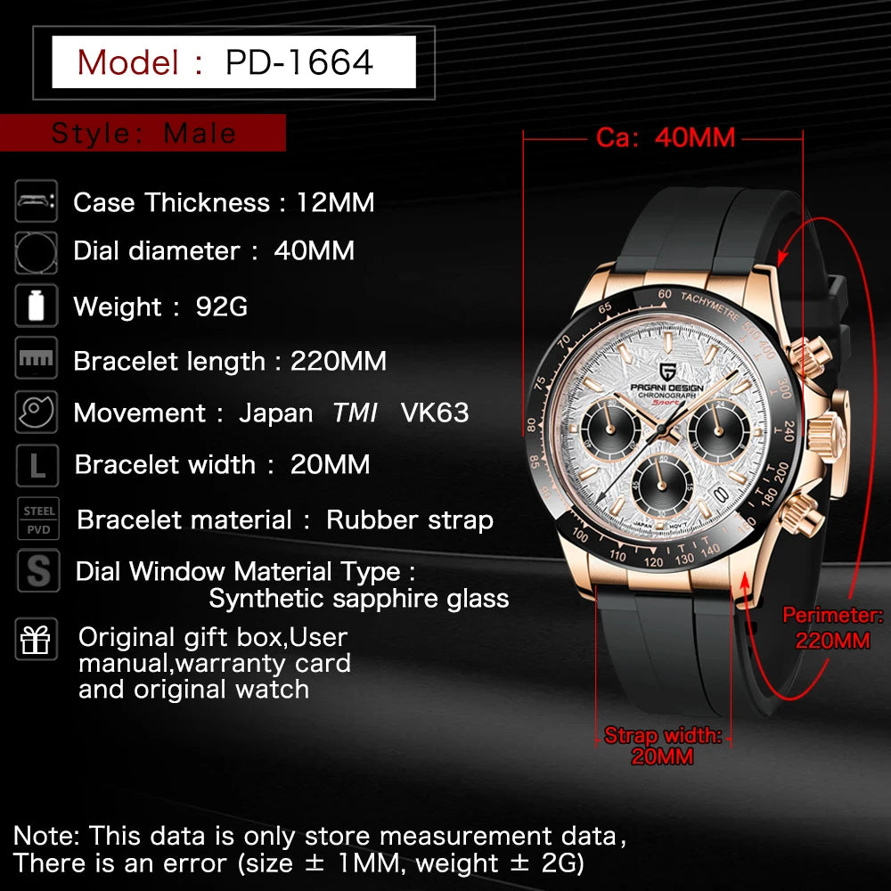 2026 New PAGANI DESIGN PD-1664 Meteorite Dial Fashion Men Quartz Wristwatches 100M Sapphire Glass Chronograph relogio masculino