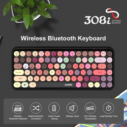 AJAZZ 308i Wireless Bluetooth Keyboard 84 Keys Rechargeable Retro Round Typewriter Keycaps, Portable Mechanical Keyboard