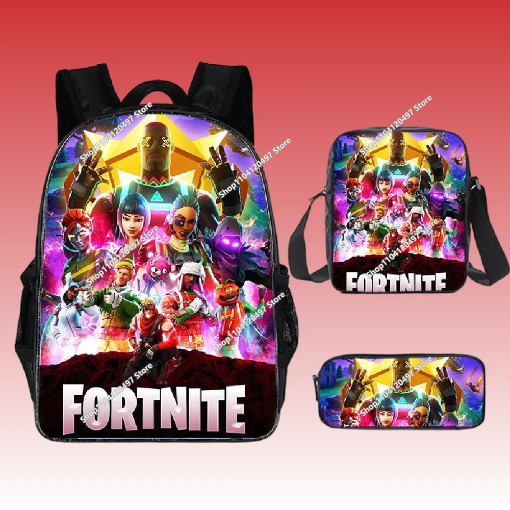 3pcs/set Mochila Fortnite de grande capacidade para estudante, estilo anime e cartoon, estojo, lancheira kawaii, presentes de aniversário