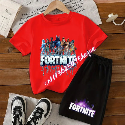 Conjunto infantil de verão Fortnite com t-shirt e calções anime, 2 peças, manga curta, algodão, casual, desportivo, presente