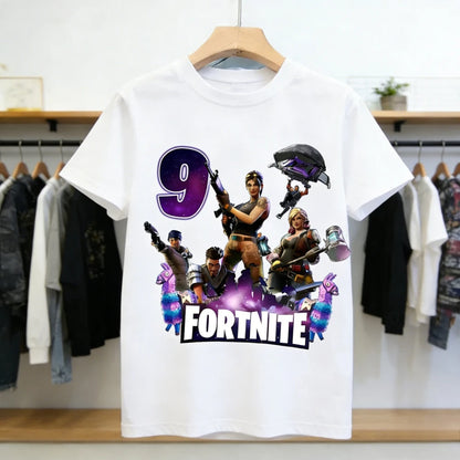 T-shirt de aniversário infantil Fortnites com número para menina e menino, roupa de verão em algodão para bebé, top de manga curta para festa, presente para criança pequena