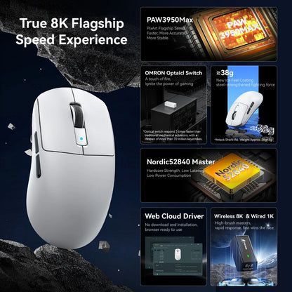 Rato Gaming Attack Shark R6 38g ultraleve, sem fios com taxa de retorno PAW3950 8K, Nordic 52840, 24000DPI, tri-modo