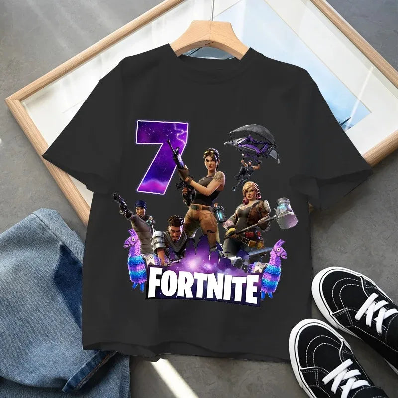 T-shirt de aniversário infantil Fortnites com número para menina e menino, roupa de verão em algodão para bebé, top de manga curta para festa, presente para criança pequena