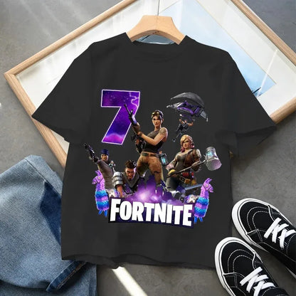 T-shirt de aniversário infantil Fortnites com número para menina e menino, roupa de verão em algodão para bebé, top de manga curta para festa, presente para criança pequena