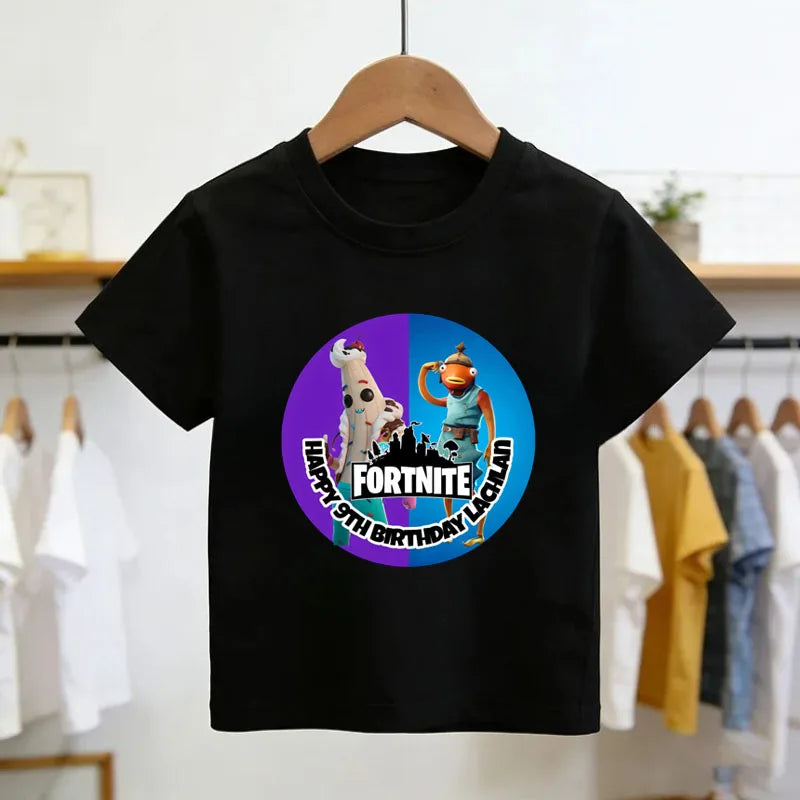T-shirt infantil branco de algodão com estampado cartoon do tema Fortnite, manga curta, verão, jogo popular
