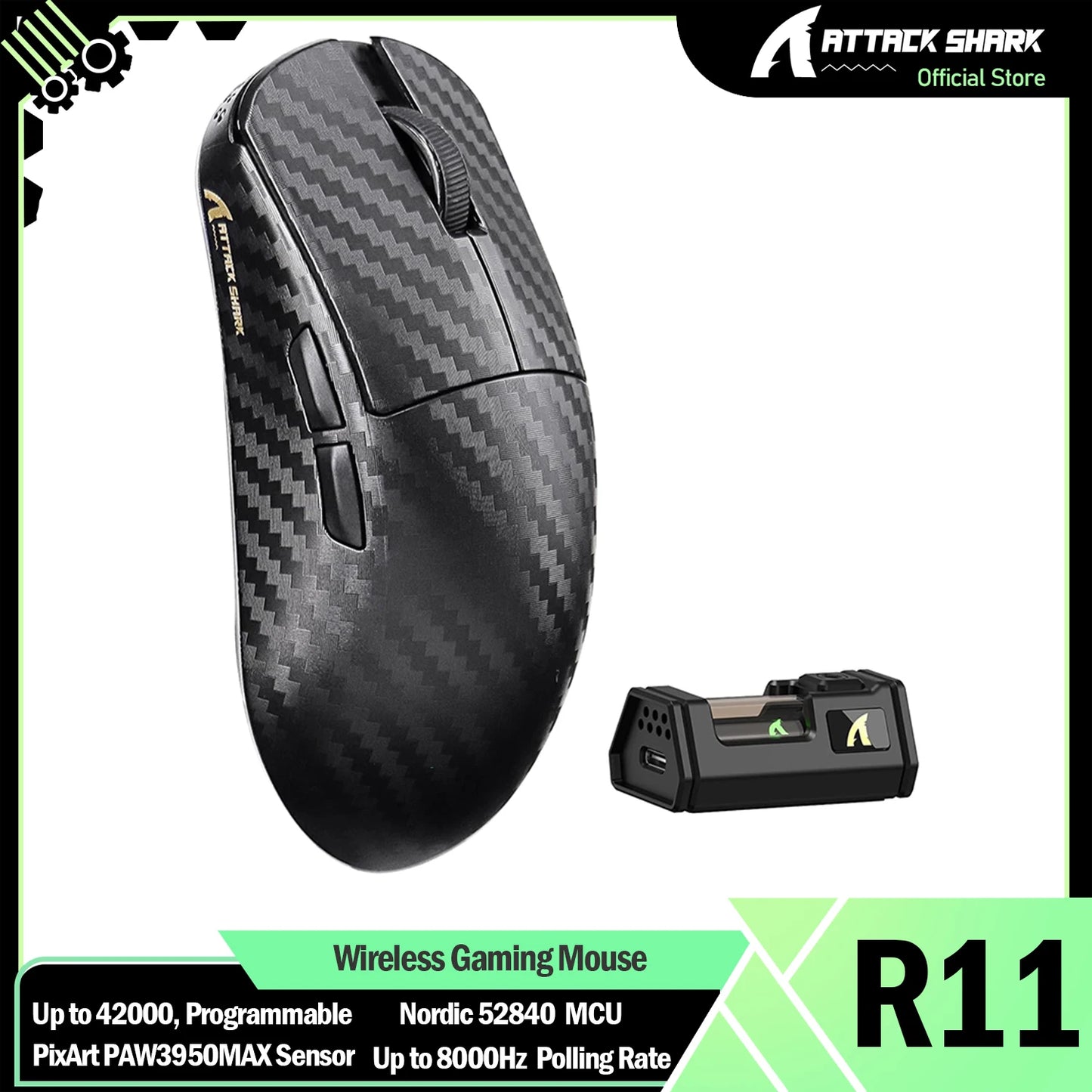 Rato Gaming Sem Fios ATTACK SHARK R11 ULTRA 49g em Fibra de Carbono 8000Hz, 42000 DPI, 20000 FPS, PAW3950MAX, Chip Nordic 52840