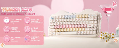 Teclado mecânico sem fios YUNZII C75, 75% cremoso com Hot Swap e RGB personalizável, design Gasket Cute Cake, para Win/Mac/Gaming