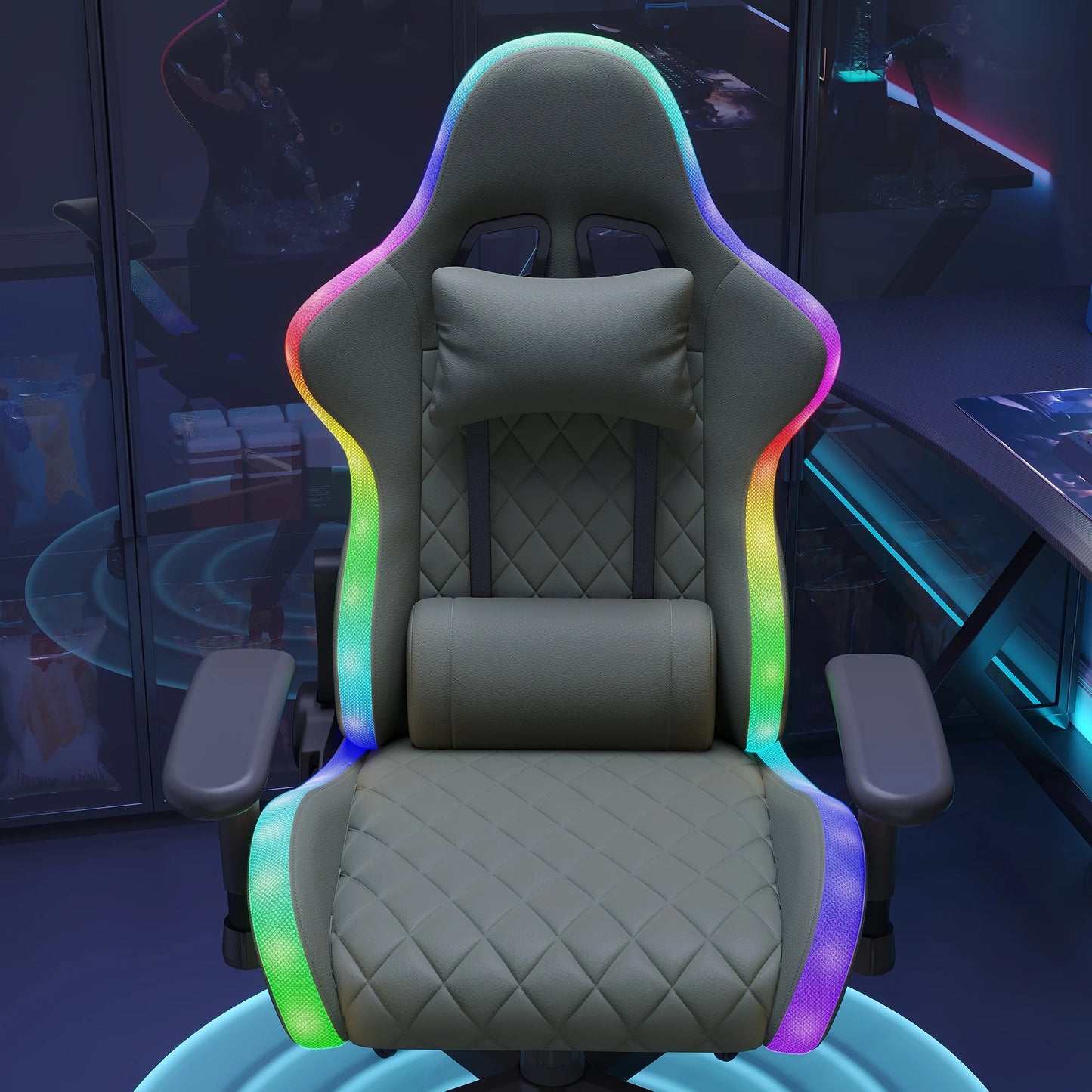 Ergonomic Office Chair with Lumbar Massage, LED RGB Ambient Lighting, and Reclining Backrest, for Home Offices