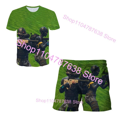 Conjunto Infantil 2 Peças F-Fortnited Victory 3D, T-shirt e Calções para Meninas e Meninos, Roupa Battle Royale, T-shirts Harajuku Hero