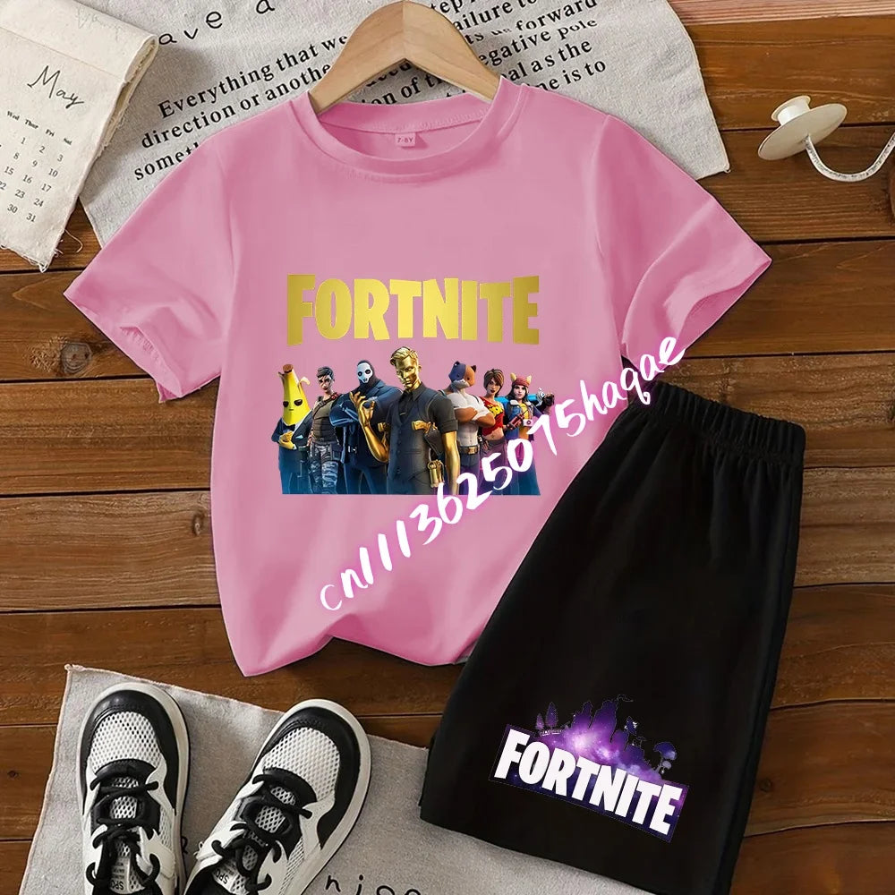 Conjunto infantil de verão Fortnite com t-shirt e calções anime, 2 peças, manga curta, algodão, casual, desportivo, presente