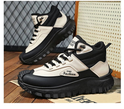 Men'S Black And White Mid Top Hiking Boots Waterproof Leather Platform Sneakers Non Slip Outdoor Casual Shoes With Rugged Sole