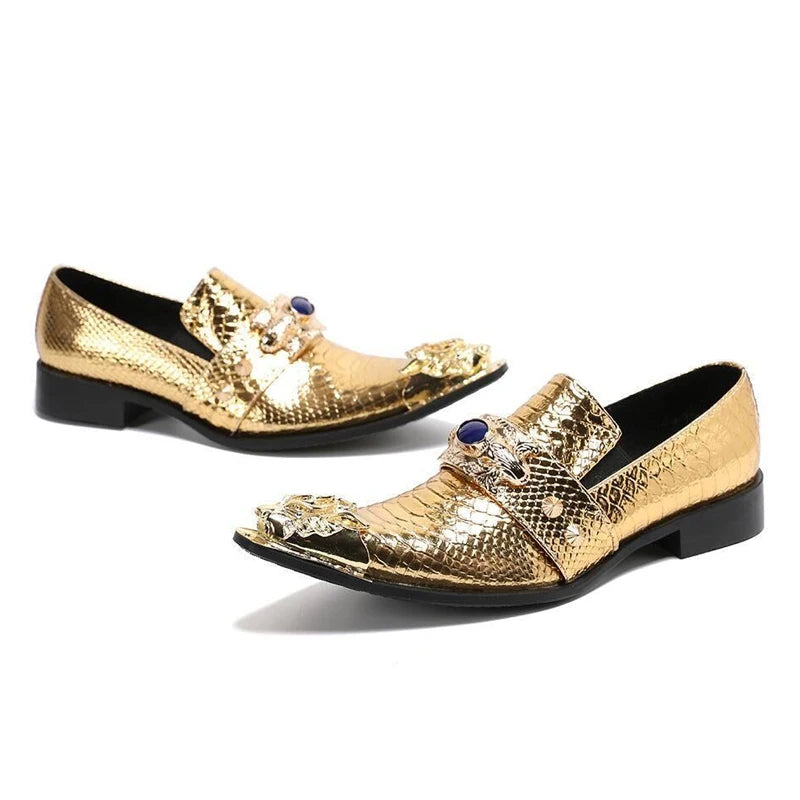 Men Luxury White Gold Metal Toe Oxford Elegant Loafers Slip On Dress Shoes Formal Wedding Party PU Leather Shoes Size 38-46
