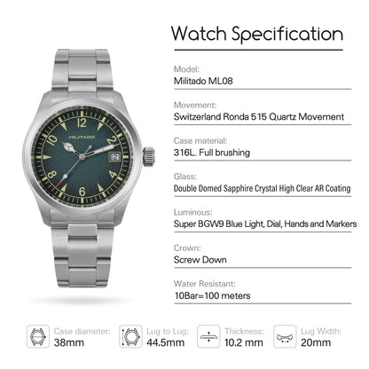 Militado ML08 Switzerland Ronda 515 Quartz Movement Double Sapphire Crystal  BGW9 Luminous 10Bar Waterproof 38mm Vintage Watch