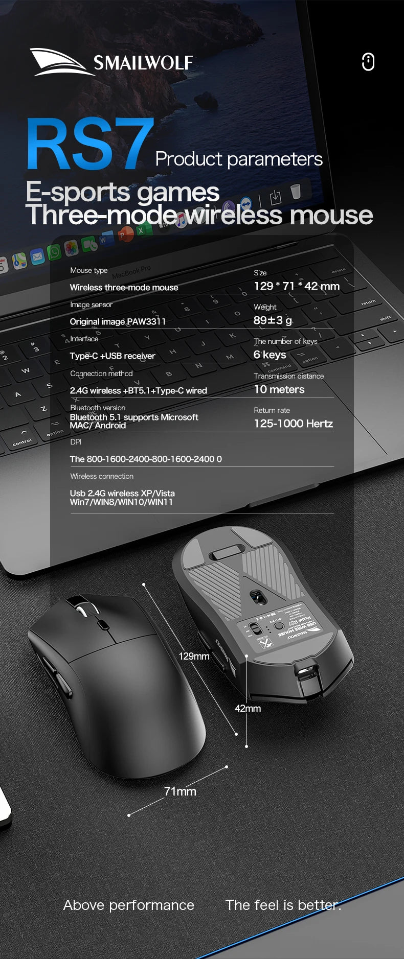 Rato gaming sem fios Bluetooth SMAILWOLF RS7, três modos, PAW3311, macros configuráveis, para portátil, gaming e escritório