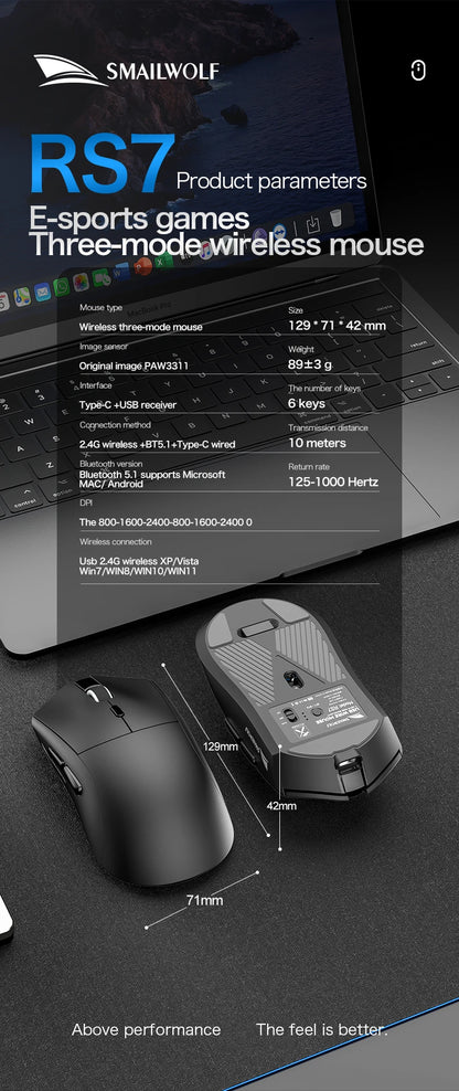 Rato gaming sem fios Bluetooth SMAILWOLF RS7, três modos, PAW3311, macros configuráveis, para portátil, gaming e escritório