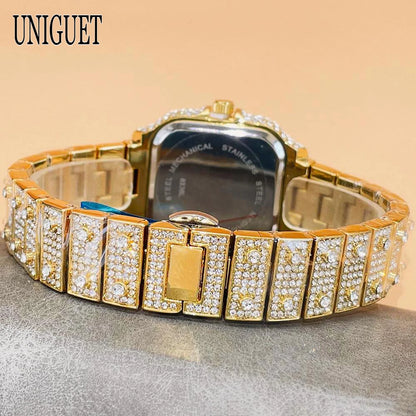 UNIGUET New Women Full Diamond Iced out Watch Fashion Square Rainbow Dial Hip Hop Bling Luxury Quartz Ladies Wristwatch Hot Sale