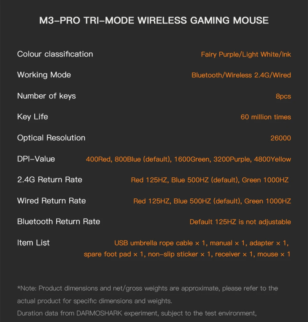 Darmoshark M3Pro Gaming-Maus 2.4G BT kabellos Tri-Mode PAW3395 Sensor N52840 26000DPI für große Hände mit Makro-Treiber – Maus für Gaming