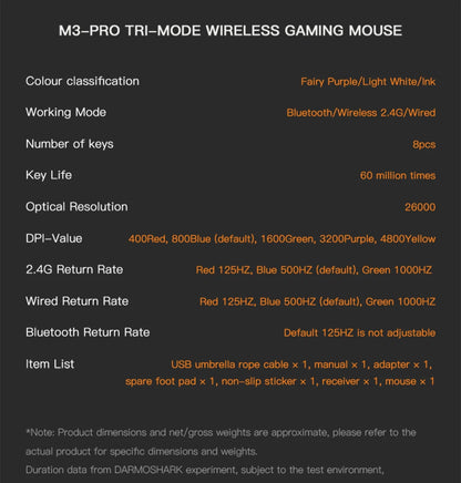 Darmoshark M3Pro Gaming-Maus 2.4G BT kabellos Tri-Mode PAW3395 Sensor N52840 26000DPI für große Hände mit Makro-Treiber – Maus für Gaming