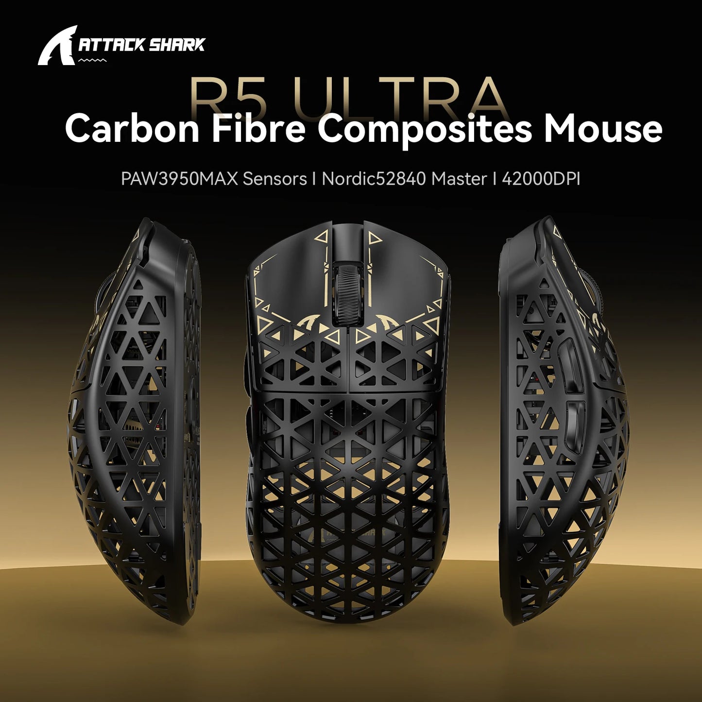 Rato Gaming Sem Fios ATTACK SHARK R5 Ultra Carbon Fiber, Sensor Gaming PixArt PAW3950MAX, 42000DPI, 8000Hz, MCU Nordic 52840