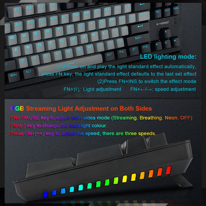 E-YOOSO K620 USB Mechanical Gaming Keyboard Wired Blue Red Switch Monochrome LED Backlit 87 Key for Computer Laptop PC