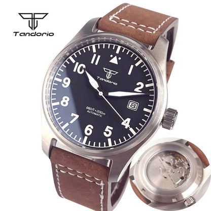 Tandorio 39mm Pilot Men's Diving Automatic Watch AR Sapphire Miyota8215/PT5000 Movt Mechanical Steel Wristwatch 20BAR Green Lume
