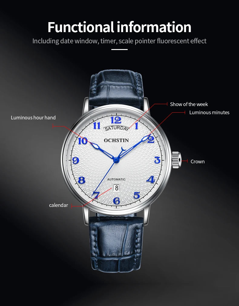 OCHSTIN Day Date Gents Watches 2025 Gift for Men Automatic Mechanical Business Wristwatches 40mm Analog Male Clock Leather Strap