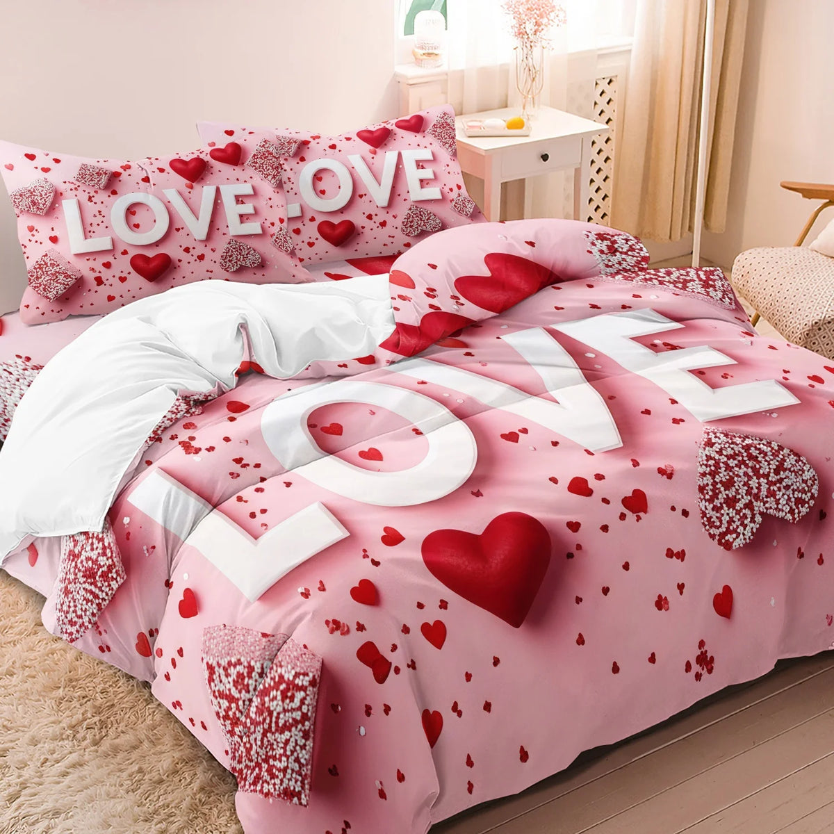 3Pcs Romantic Love Letter Red Rose Flower Pattern Bedding Set Included 1 Duvet Cover & 2 Pillowcases For Home Dorm Hotel Decor