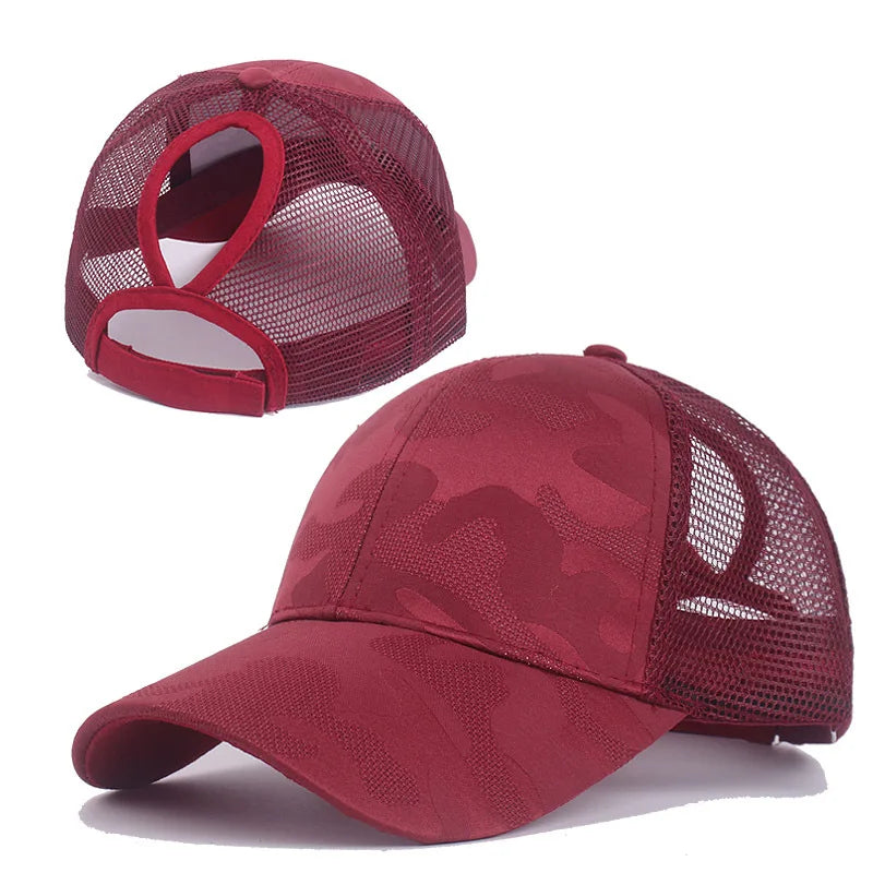 Women's Camouflage Ponytail Baseball Cap  Breathable Mesh Back  Adjustable Snapback  High Ponytail Outdoor Sports Trucker Hat
