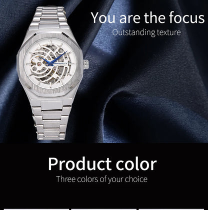 LONGLUX automatic watch business mechanical watches simple skeleton waterproof stainless steel cost effective mens watch gift