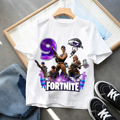 T-shirt Fortnite com Número de Aniversário para Crianças, Raparigas e Rapazes, Roupa de Verão, T-shirt em Algodão para Bebé, Top de Manga Curta para Festa, Presente para Criança Pequena