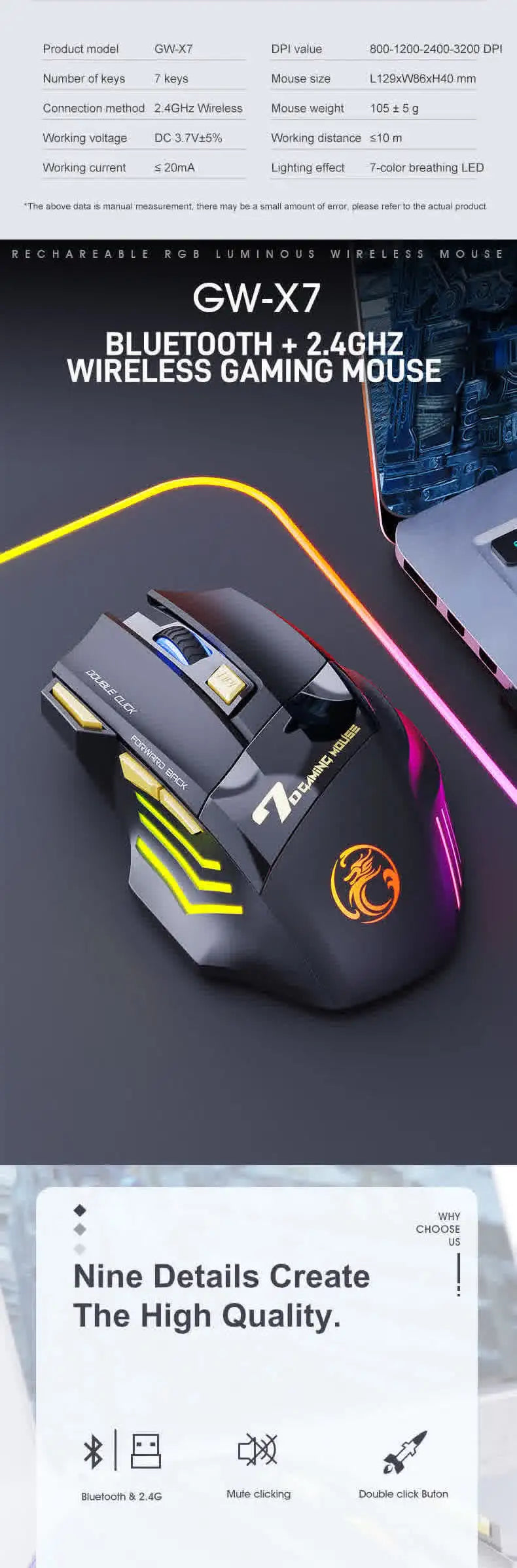 Rato Sem Fios Bluetooth Recarregável para Computador, Rato Gamer Ergonómico com Retroiluminação RGB, Silencioso, para PC