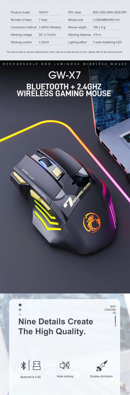 Rato Sem Fios Bluetooth Recarregável para Computador, Rato Gamer Ergonómico com Retroiluminação RGB, Silencioso, para PC