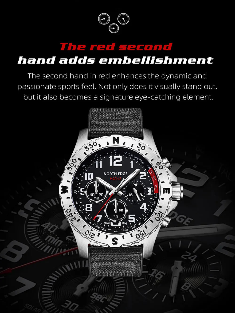 NORTH EDGE 2024 MACH 2 Men's Watches Solar Power 316 stainless steel Case Quartz Watch For Men Pilot Waterproof 50M Stopwatch