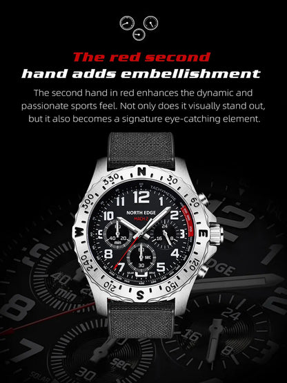 NORTH EDGE 2024 MACH 2 Men's Watches Solar Power 316 stainless steel Case Quartz Watch For Men Pilot Waterproof 50M Stopwatch
