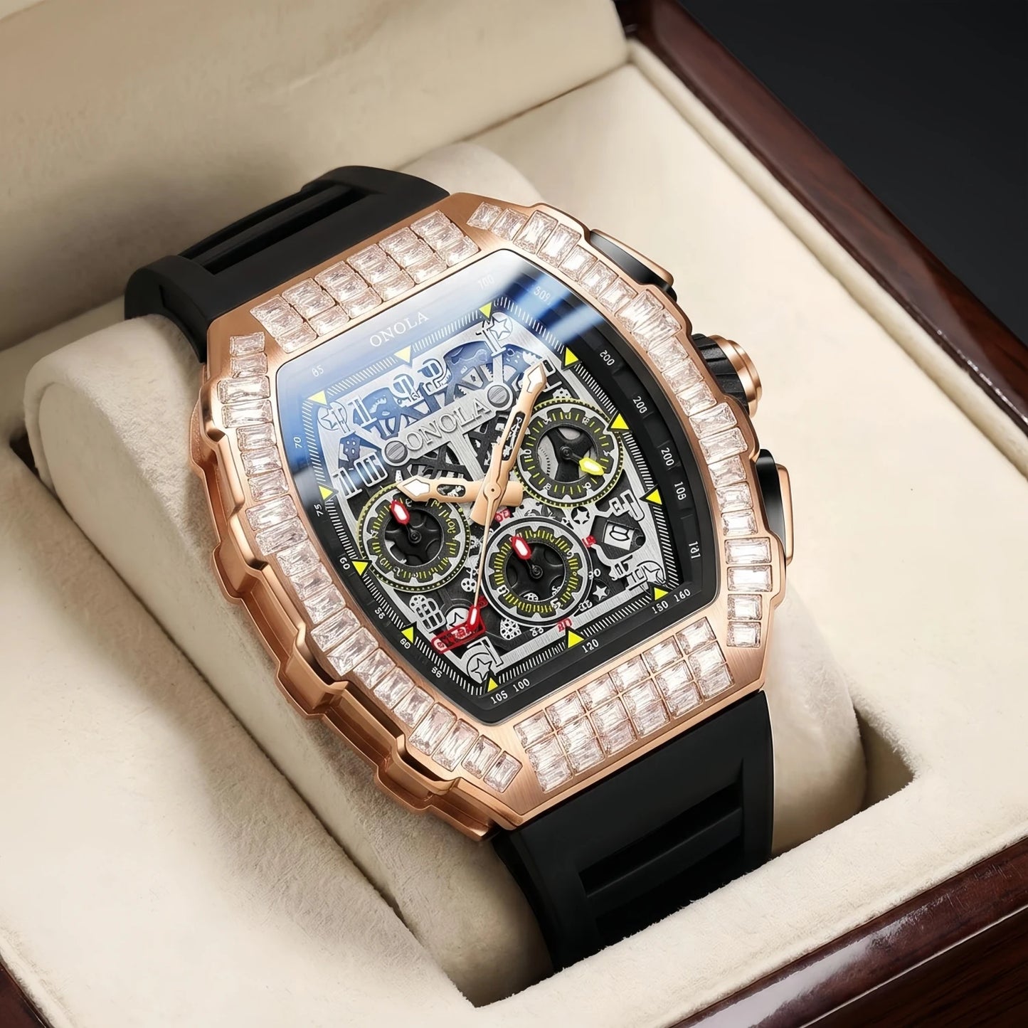 Hot Selling Fashion Fully Automatic Mechanical Watches Men ONOLA Unique Design with Diamond Inlaid Waterproof Tape Men's Watch