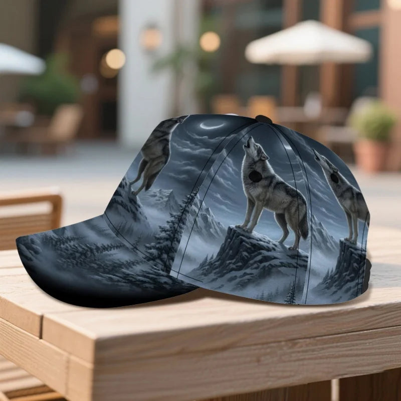 Boné clássico com estampado de lobo a uivar à lua, confortável e ajustável, com pala curva, ideal para uso diário e perfeito para a família