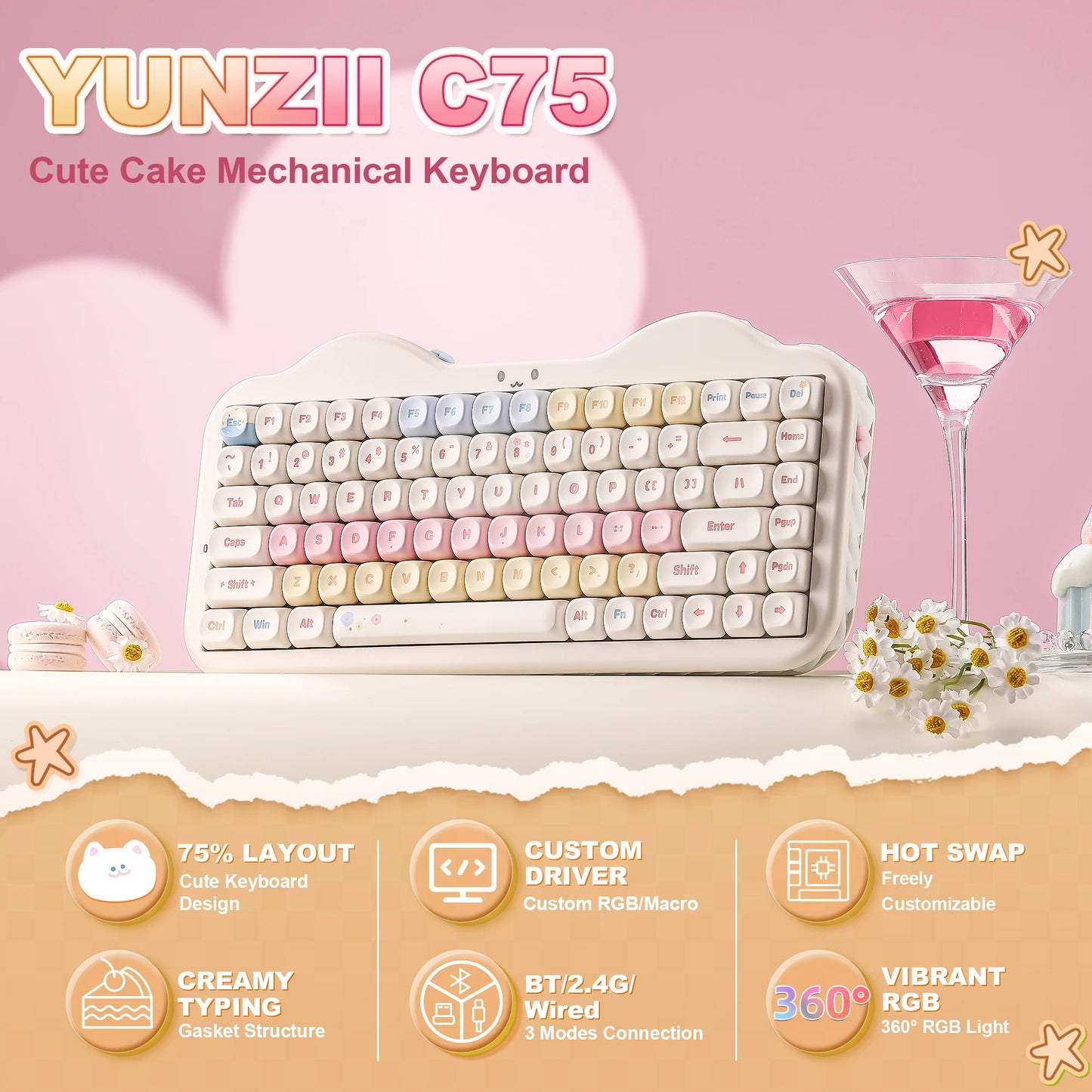 Teclado mecânico sem fios YUNZII C75, 75% cremoso com Hot Swap e RGB personalizável, design Gasket Cute Cake, para Win/Mac/Gaming