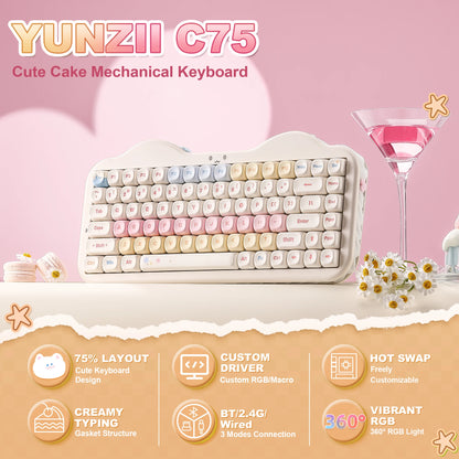 Teclado mecânico sem fios YUNZII C75, 75% cremoso com Hot Swap e RGB personalizável, design Gasket Cute Cake, para Win/Mac/Gaming