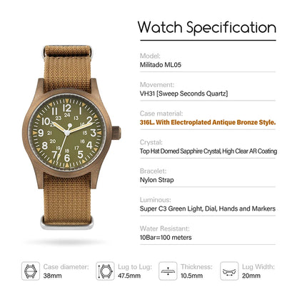 Militado ML05 Military Watch VH31 Sweep Quartz Movement Top Hat Domed Sapphire Crystal Vintage Watch 100m Waterproof Mens Watch