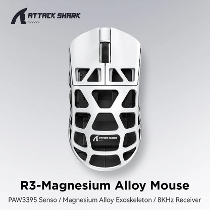 Rato ATTACK SHARK R3 8KHz em liga de magnésio, sensor PixArt PAW3395, até 26000 DPI, 2.4G/BT/com fios, ultraleve de 46g, para PC/Mac
