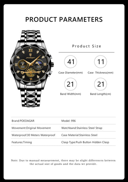 POEDAGAR Top High Quality Man Wristwatch Stainless Steel Chronograph Business Men Watch Waterproof Luminous Quartz Men's Watches