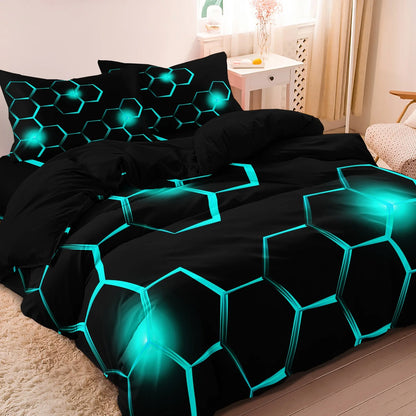 3pcs Geometric 3D Hexagonal Honeycomb Pattern Duvet Cover Set, Digital Print Colorful Polyester Bedding with Zipper Closure