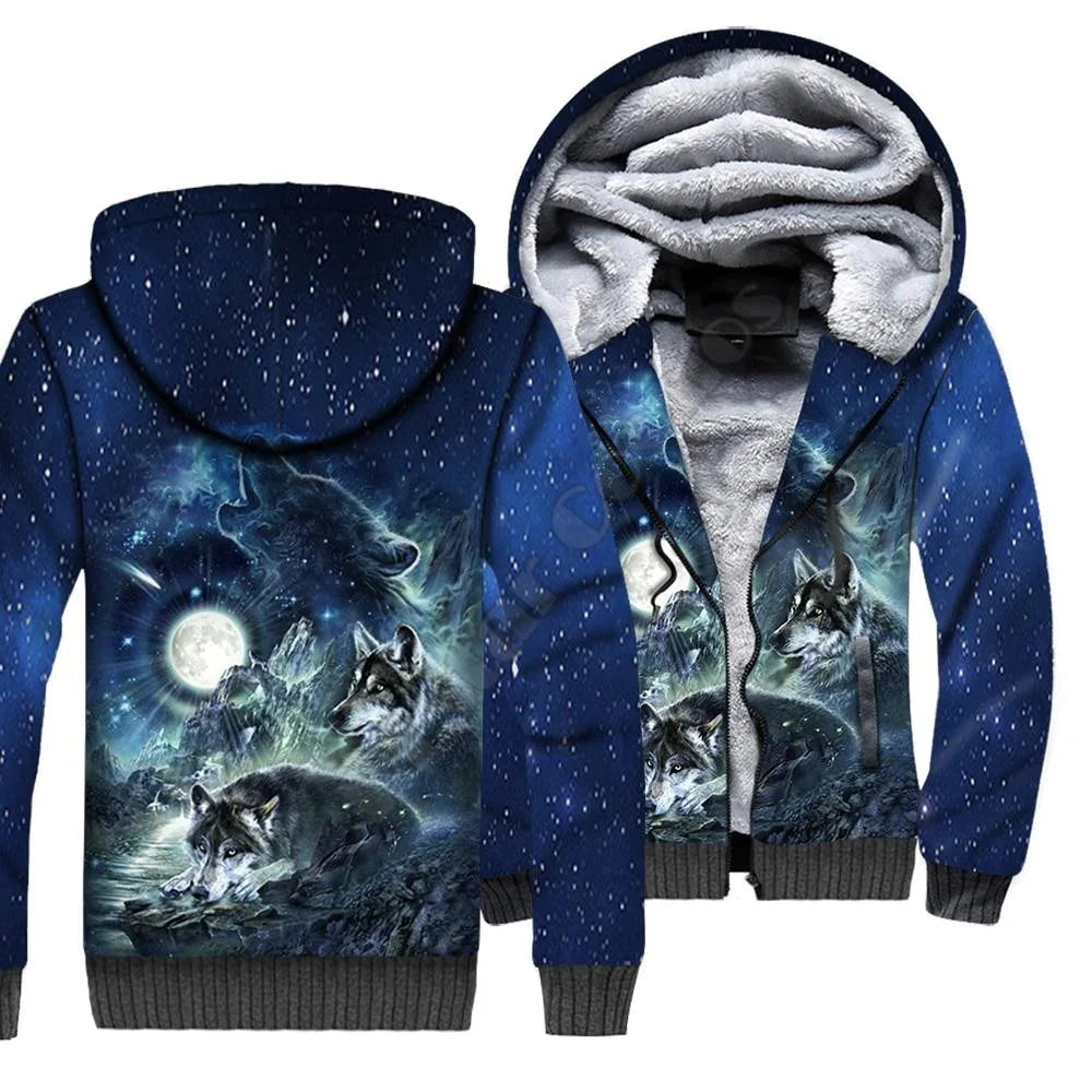 Sweatshirts com Capuz e Fecho em Polar com Estampado 3D de Lobo para Homem e Mulher, Casaco de Inverno Quente em Veludo Duplo Plus, Fatos de Cosplay JR09